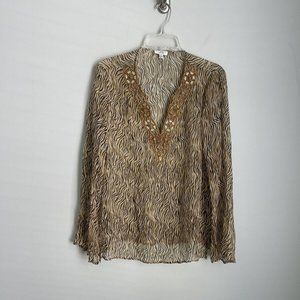 Cache Beige Animal Print 100% Silk Embellished V-Neck Sheer Blouse